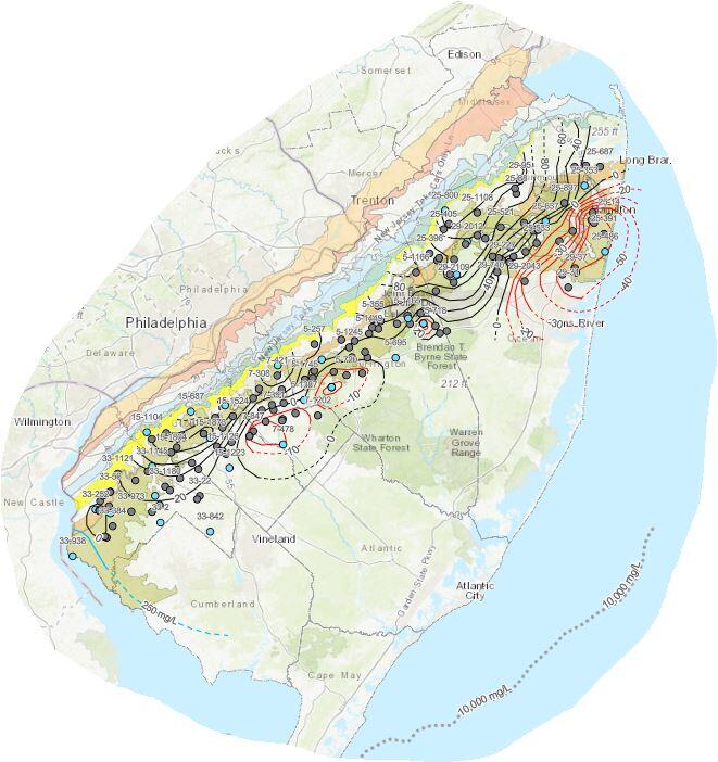 Map of New Jersey showing wells sampled along the western coast