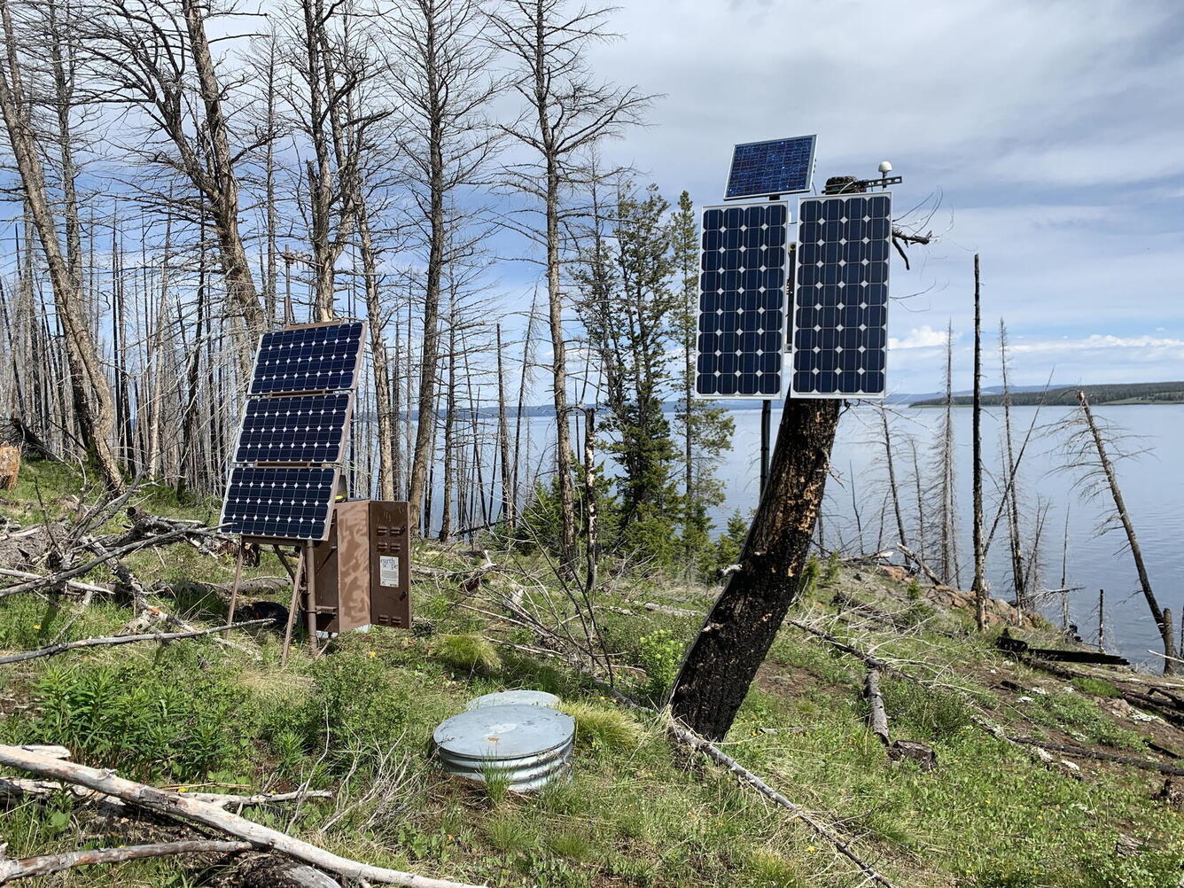 Solar panels and equipment lockers among dead trees with a lake in the background under partly cloudy skies