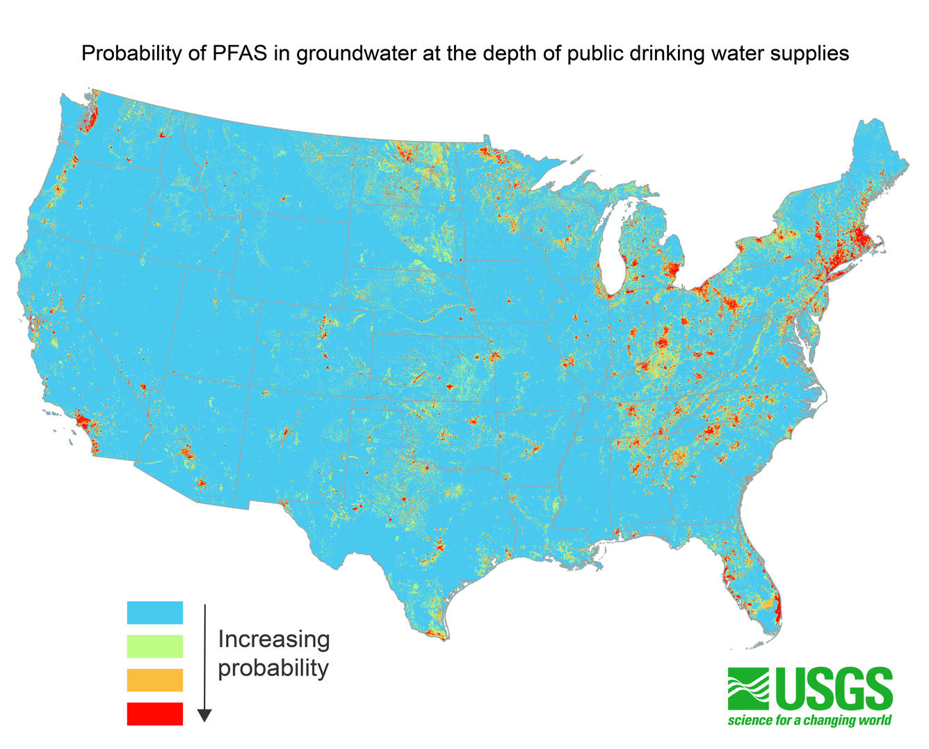 USGS national estimates of the probability for PFAS in groundwater at the depth of public drinking water supply.