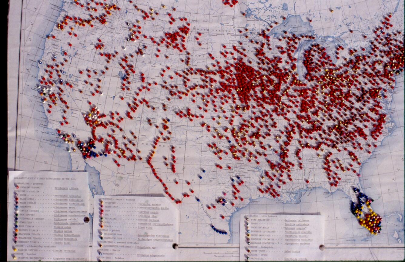 A paper map with many push pins showing observations of non-native aquatic species in the United States