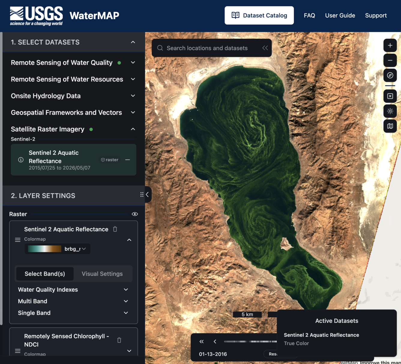 WaterMAP screenshot of Pyramid Lake, NV Sentinel-2 satellite aquatic reflectance on 10/15/2026
