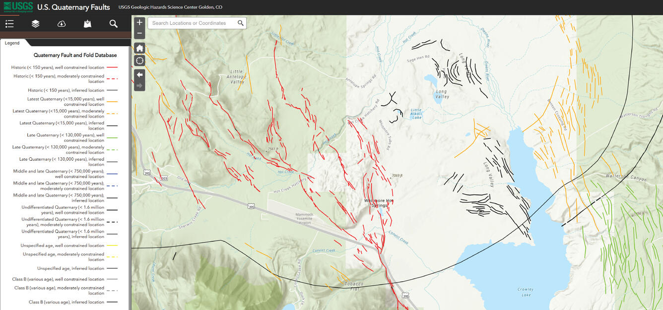 Snapshot of QFaults for the area including southeastern Mammoth Lakes
