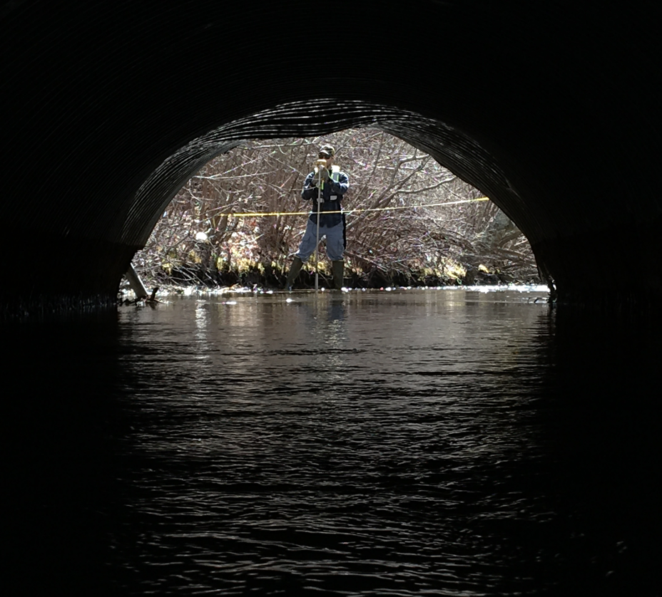 A man measures streamflow viewed through an outfall pipe.