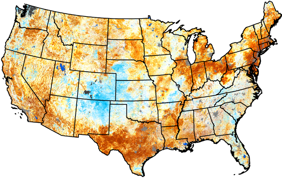 QuickDRI Map of United States showing the moisture and drought conditions for November 10, 2024. 