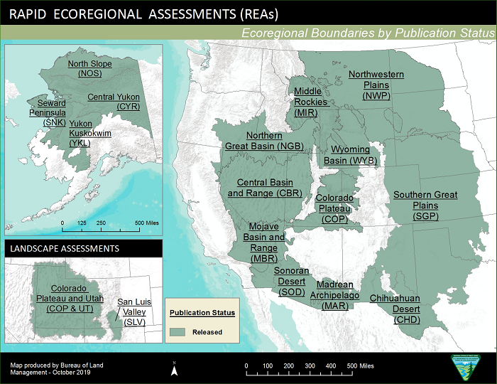 polygons representing rapid ecoregional assessments, ecoregional boundaries by publication status, on maps of the western US 