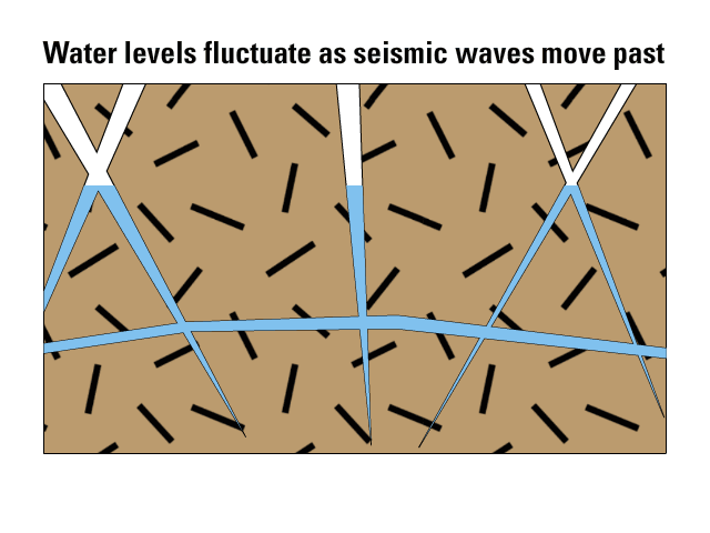 Water levels in a fractured rock aquifer fluctuate as seismic waves move past.