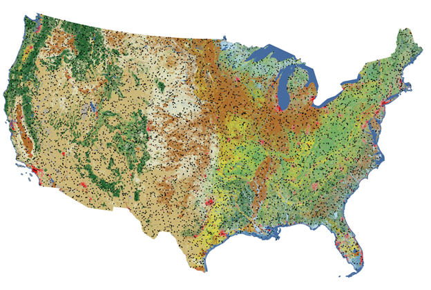 A landcover map of the lower 48 with the reference and validation sample plots highlighted.