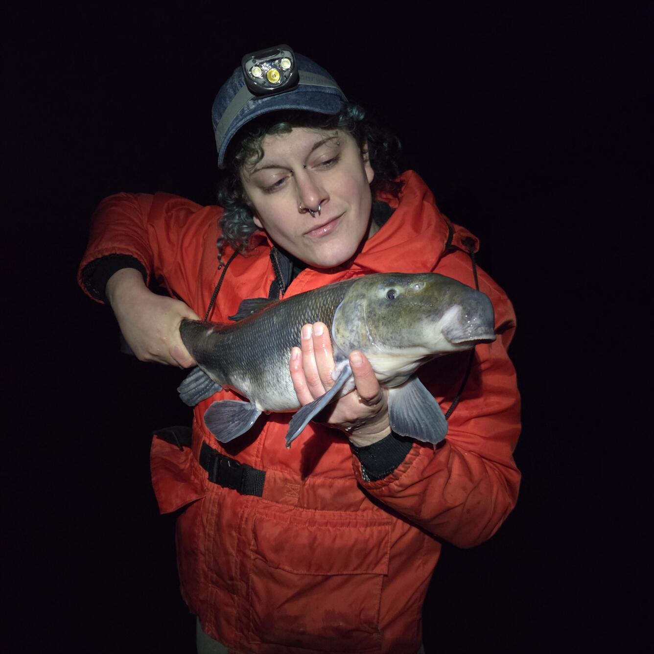 Scientist holding a Lost River Sucker fish