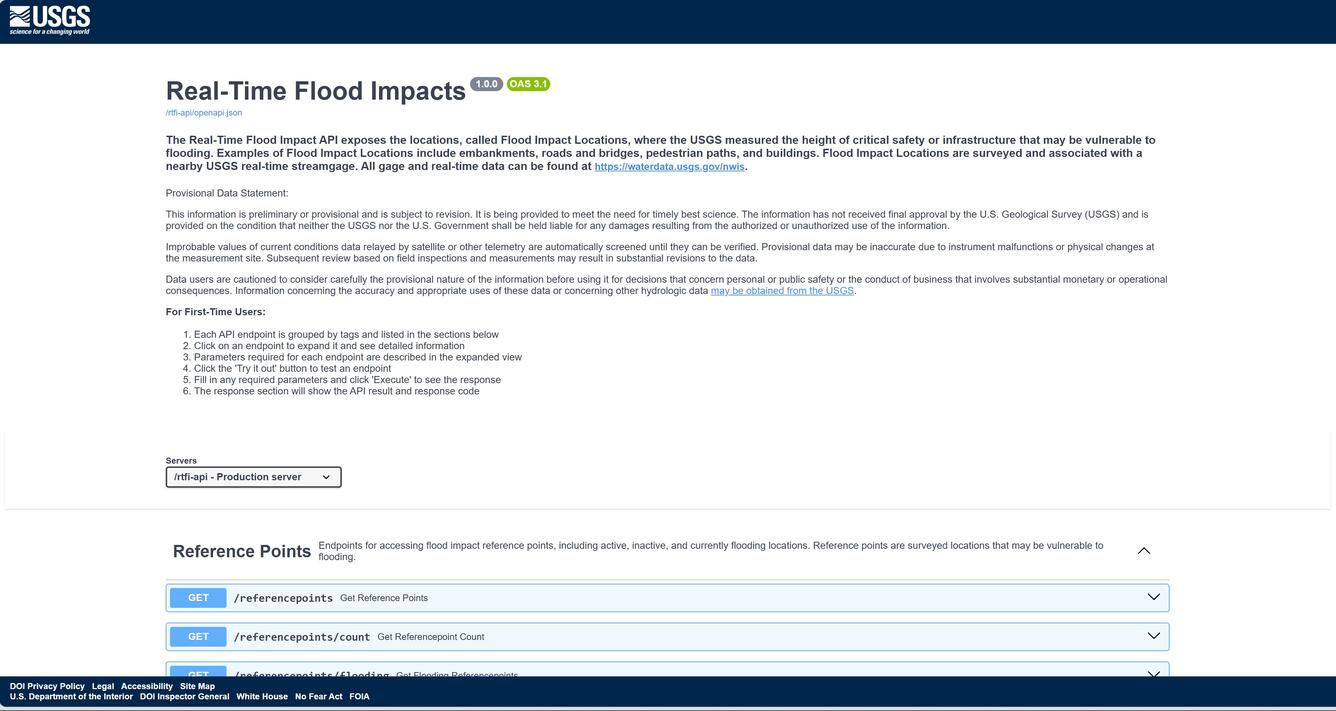 Screenshot of Real-Time Flood Impacts API description