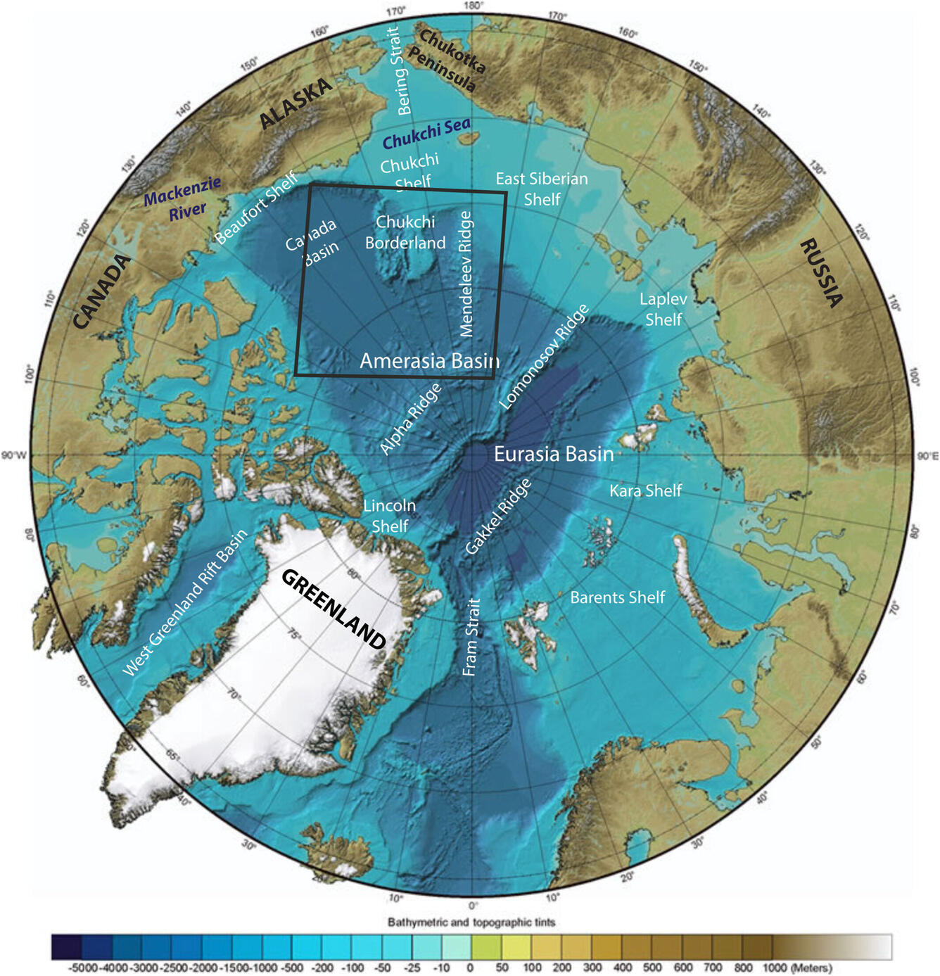 Regional location map and bathymetry of the Arctic Ocean