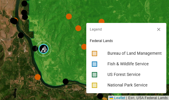 Screenshot of the Skookum Creek Campground point in the TNMCorps map editor with the Federal Lands layer legend.