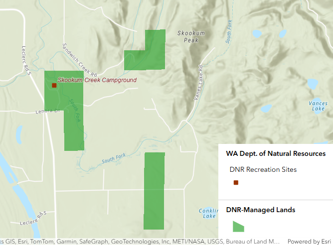Screenshot of the Skookum Creek Campground marked on the official DNR Go! Recreation Map.