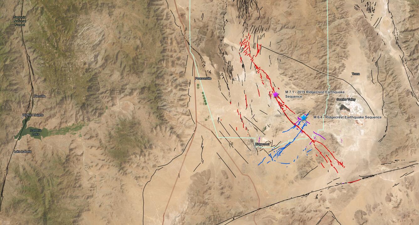 View of mapped faults related to the Ridgecrest earthquakes of 2019.