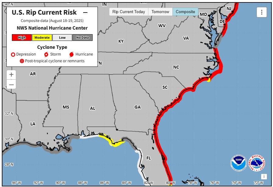 Hurricane Erin Rip Current Risk Map