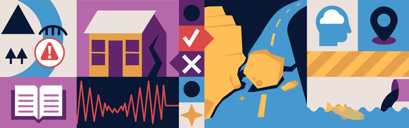 Abstract illustration showing various hazard-related imagery and shapes