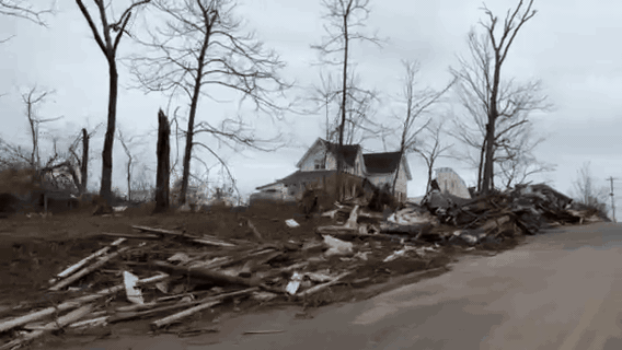 Multiples images showing tornado debris