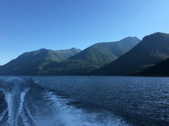 Scenic view of Ross Lake, Washington with boat wake