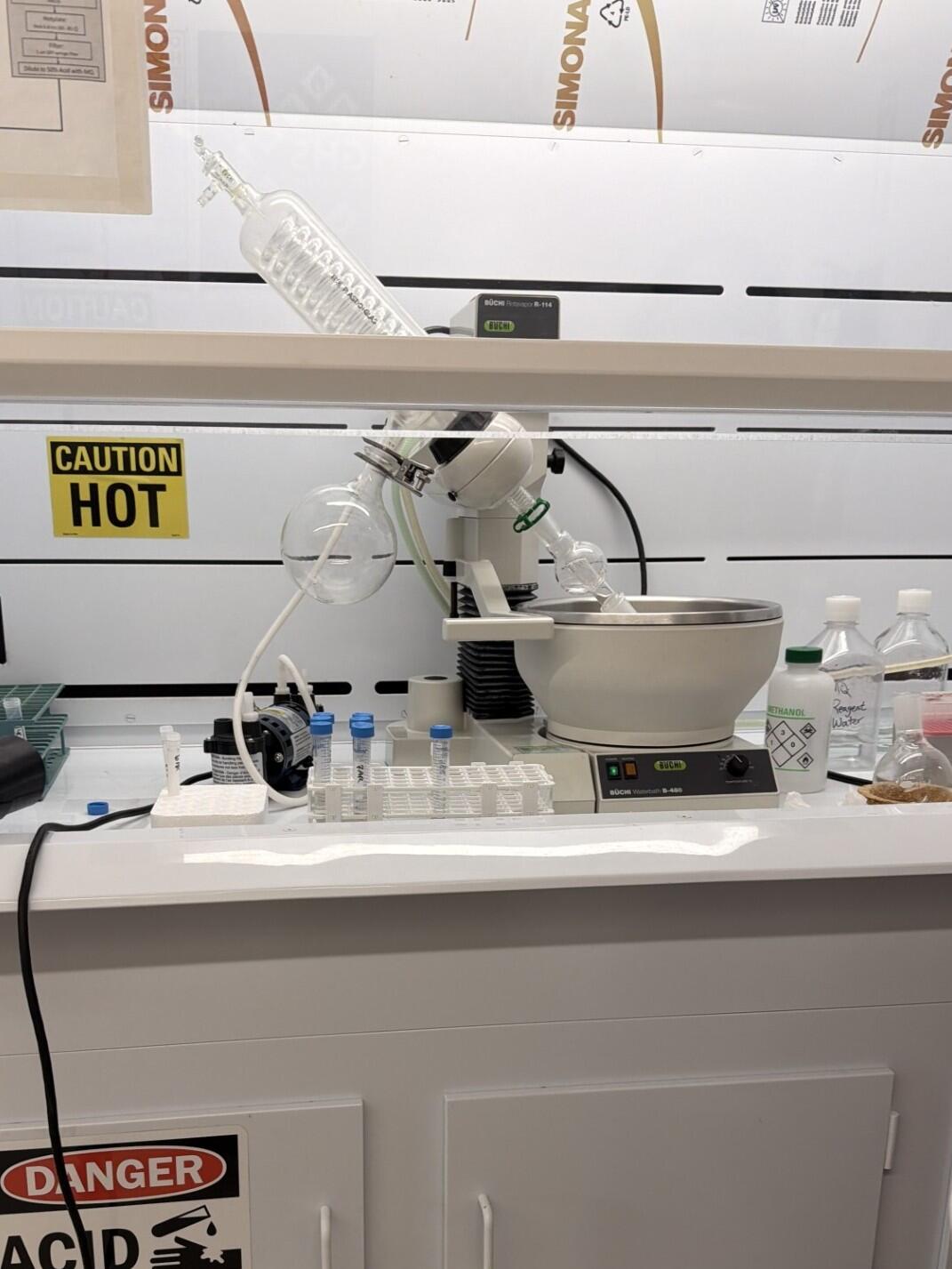 Rotary evaporation system set up in laboratory fume hood