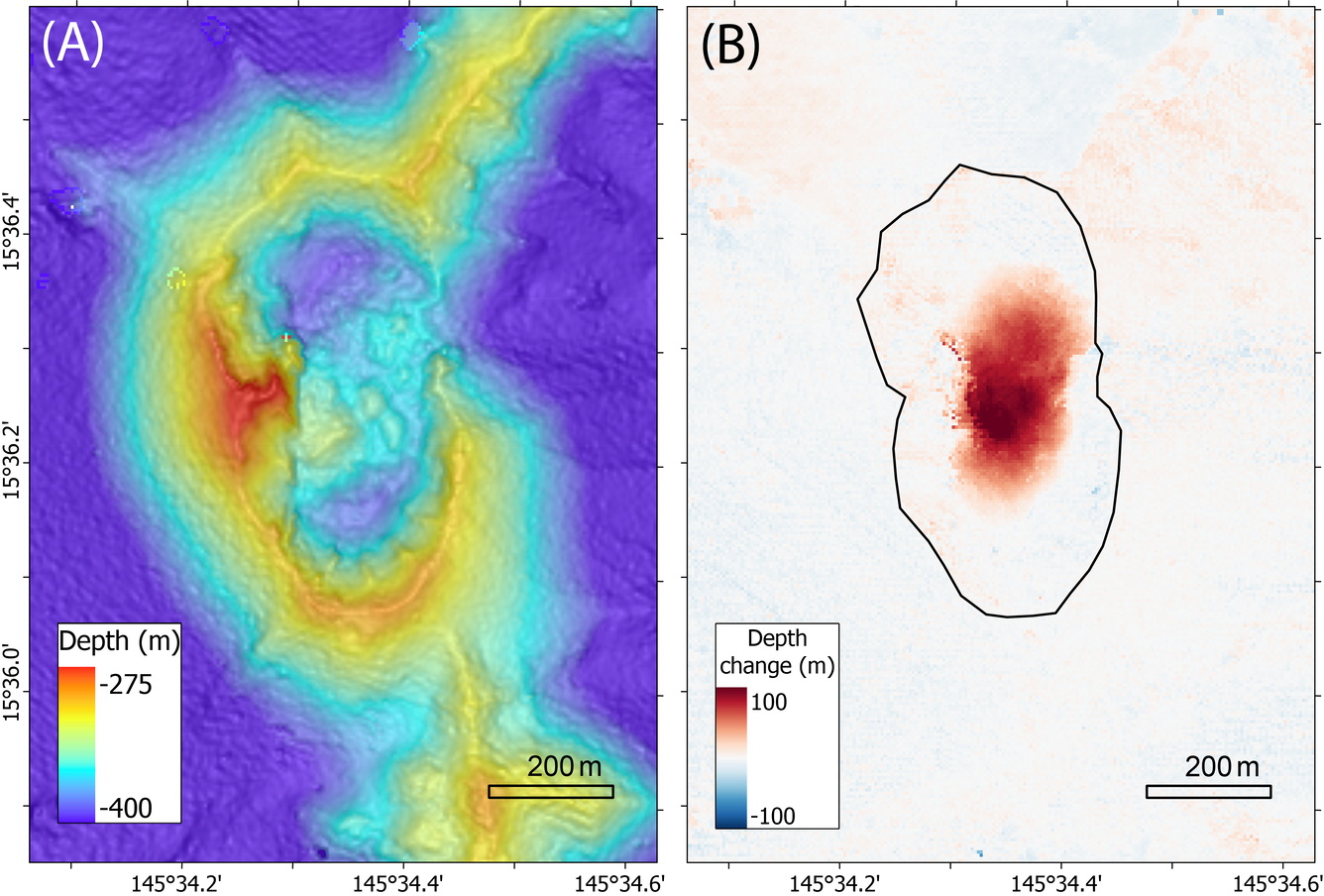 Color graphics showing change to a volcanic seamount topography