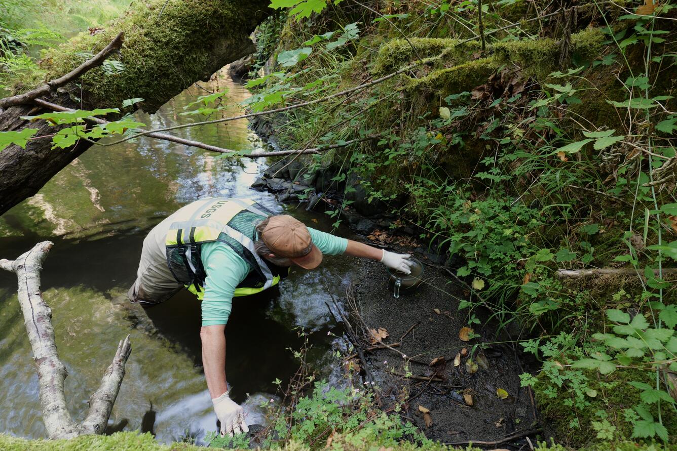 Scientist in creek scooping sediment