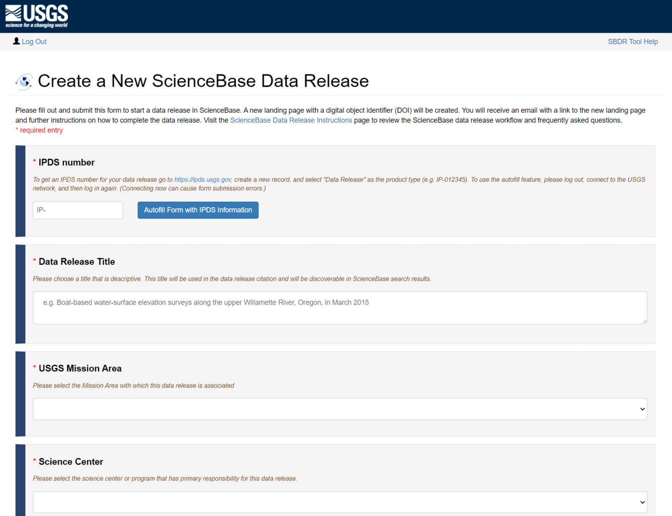 Screenshot of the ScienceBase Data Release Tool Form