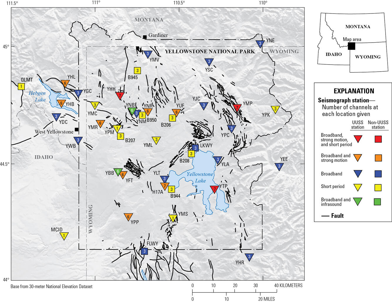 Map of Yellowstone with colored triangles and boxes showing locations, types, and operators for seismic stations