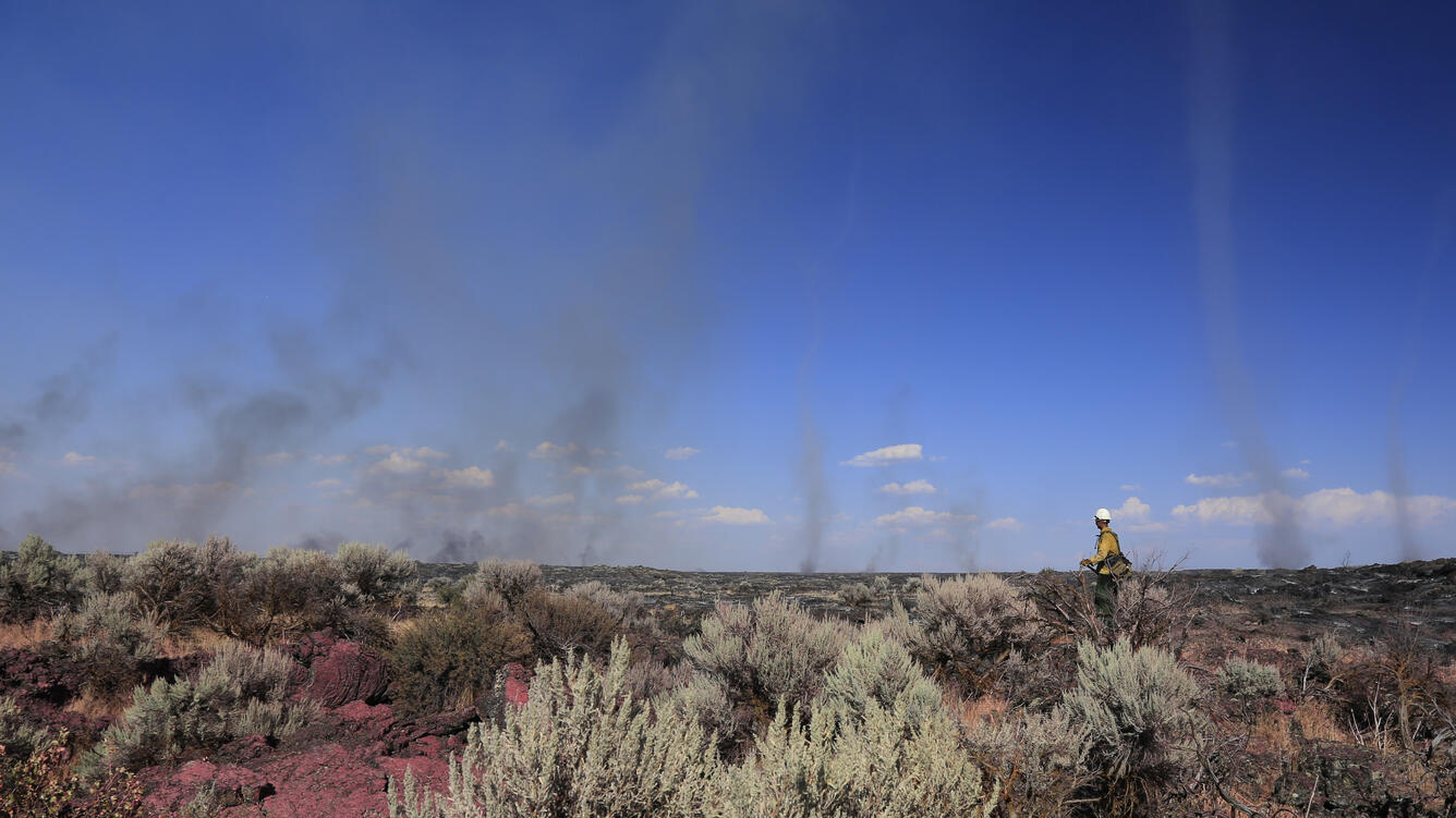 firefighter stands in smoking sagebrush landscape, blue sky above