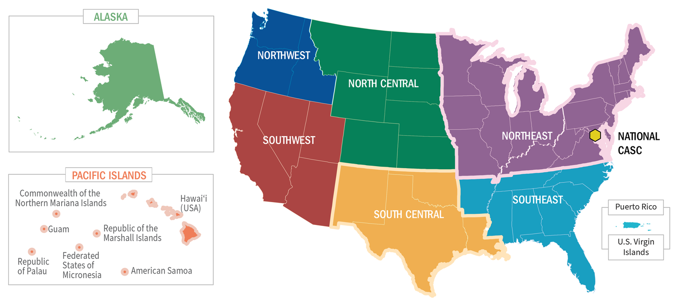 Map of the U.S. showing the footprints of 8 of 9 regional CASCs.
