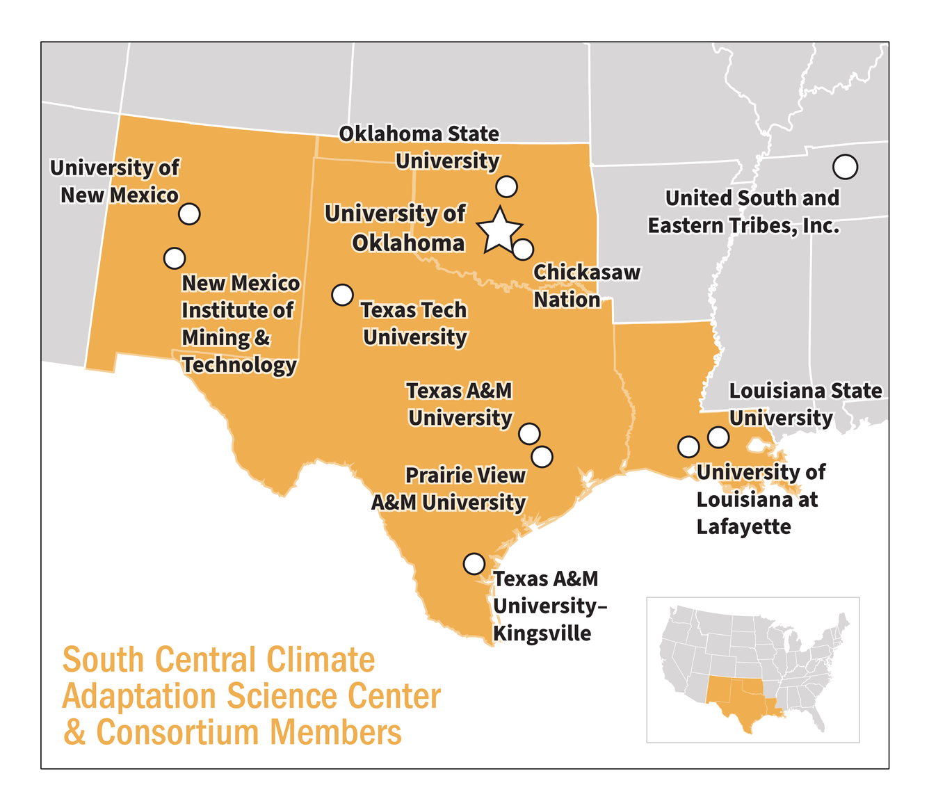 Map showing the South Central CASC consortium members and host university