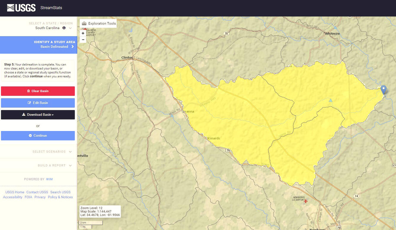 Drainage basin delineation using the StreamStats web application for South Carolina.