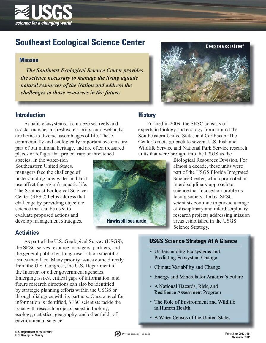Cover photo of the 2011 Southeast Ecological Science Center brochure. The page includes images and text related to the Center's science