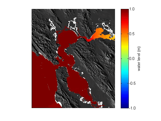 Animation shows map of land and sea, land doesn't change and the ocean and bay change colors according to tidal height.