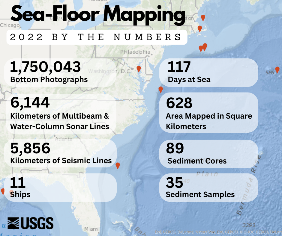 Map of the US east coast, displaying sea-floor mapping achievements from 2022