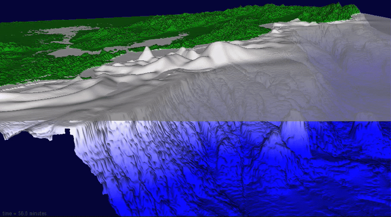 Animation depicts what a hypothetical tsunami wave would look like as it approaches a coast.