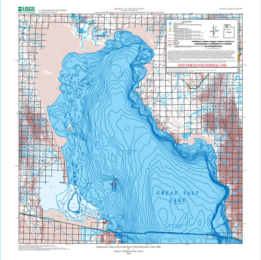 This is screenshot of the bathymetry plate for the north arm of the Great Salt Lake. 