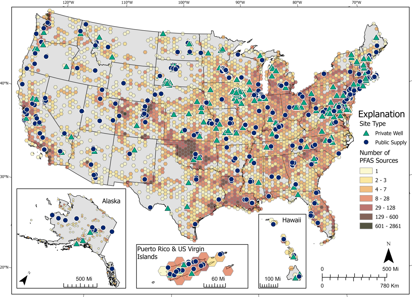 USGS Map showing private and public water sample locations and EPA PFAS facility sources. 