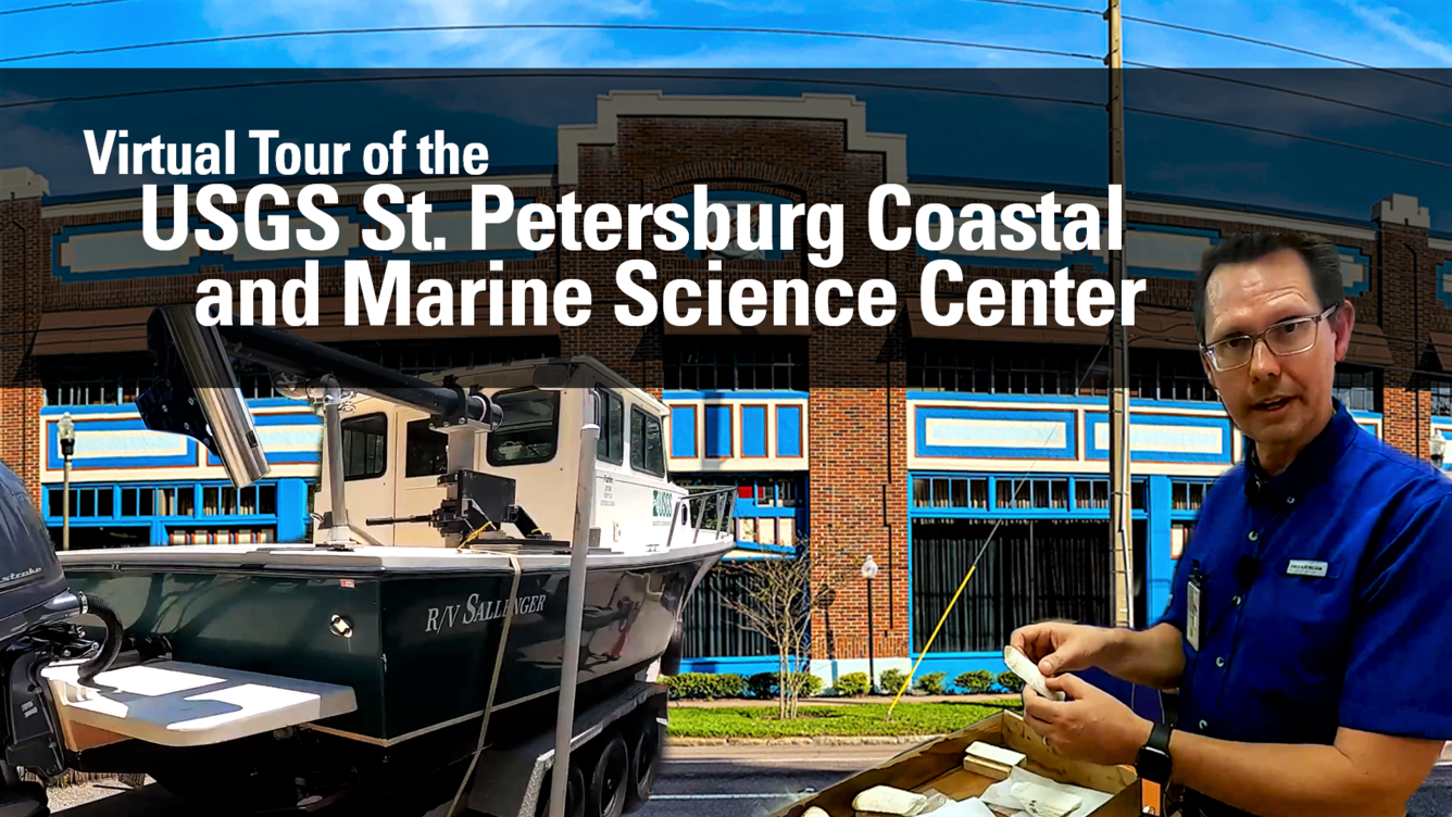 A boat, person holding coral sample, brick building. Text: Virtual Tour of St. Pete Coastal & Marine Science Center