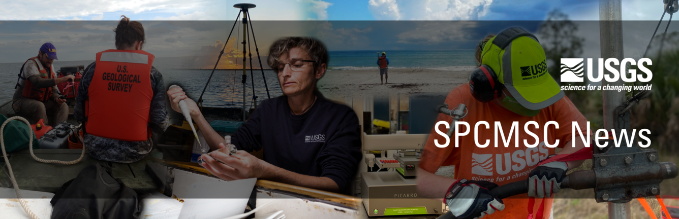 Scientists working in the field: on a boat, in a lab, on a beach. Text says, "News from the St. Petersburg Coastal and Marine Science Center. USGS."