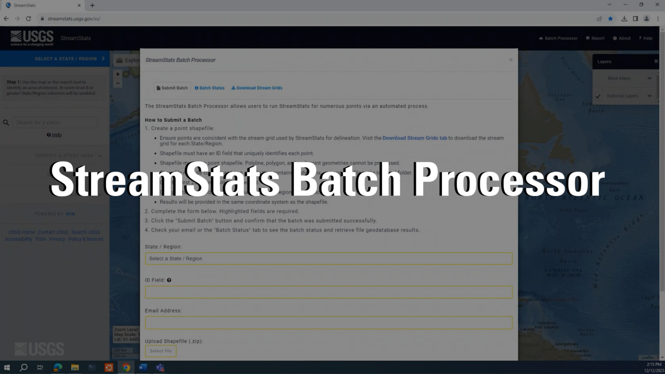 StreamStats Batch Processor text overlaying screenshot of the StreamStats web application.