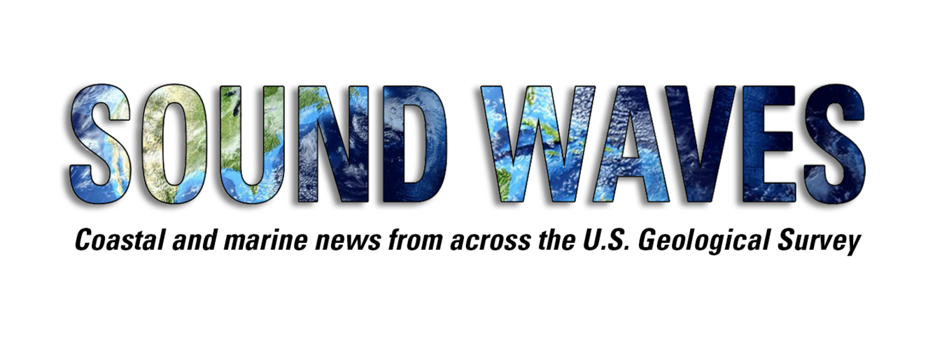 the words "Sound Waves" with an image of the Earth's surface inlayed, followed by "Coastal and marine news from across USGS"