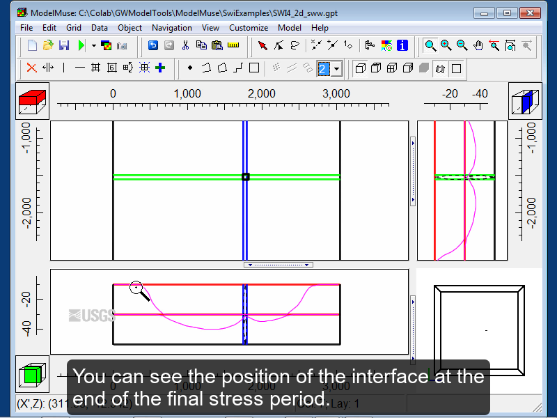 Screen capture of ModelMuse displaying an SWI model with the caption "You can see the position of the interface."