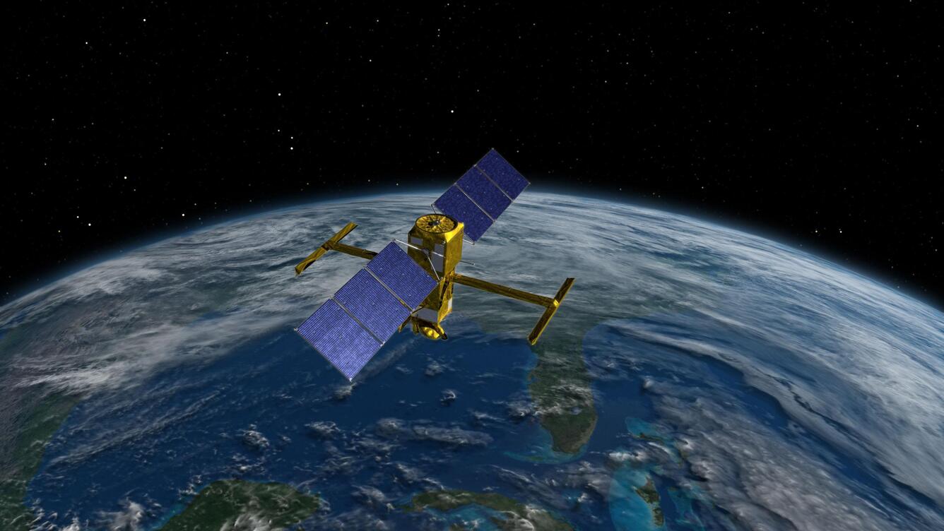 This illustration depicts the Surface Water and Ocean Topography (SWOT) satellite above Earth