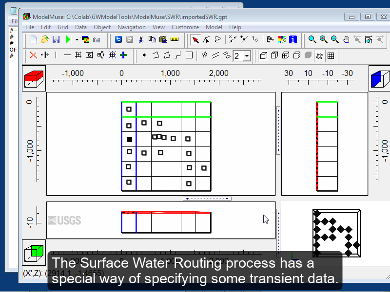 Screenshot of ModelMuse with "The Surface Water Routing process has a special way of specifying some transient data."