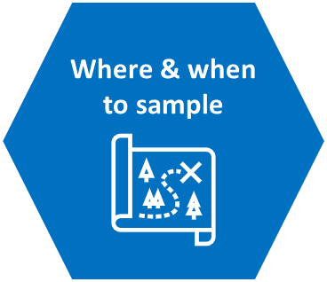 Blue hexagon depicting "Where and when to sample" text and an icon of a map on it.