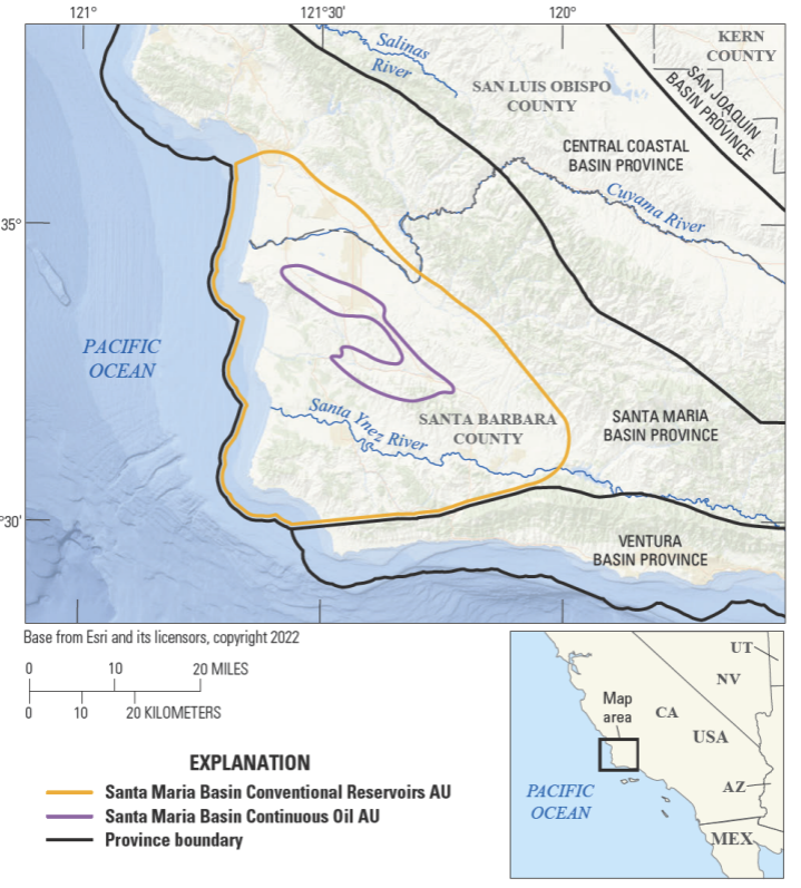 Map of Santa Barbara County, California, with purple and orange lines showing oil and gas assessment units.