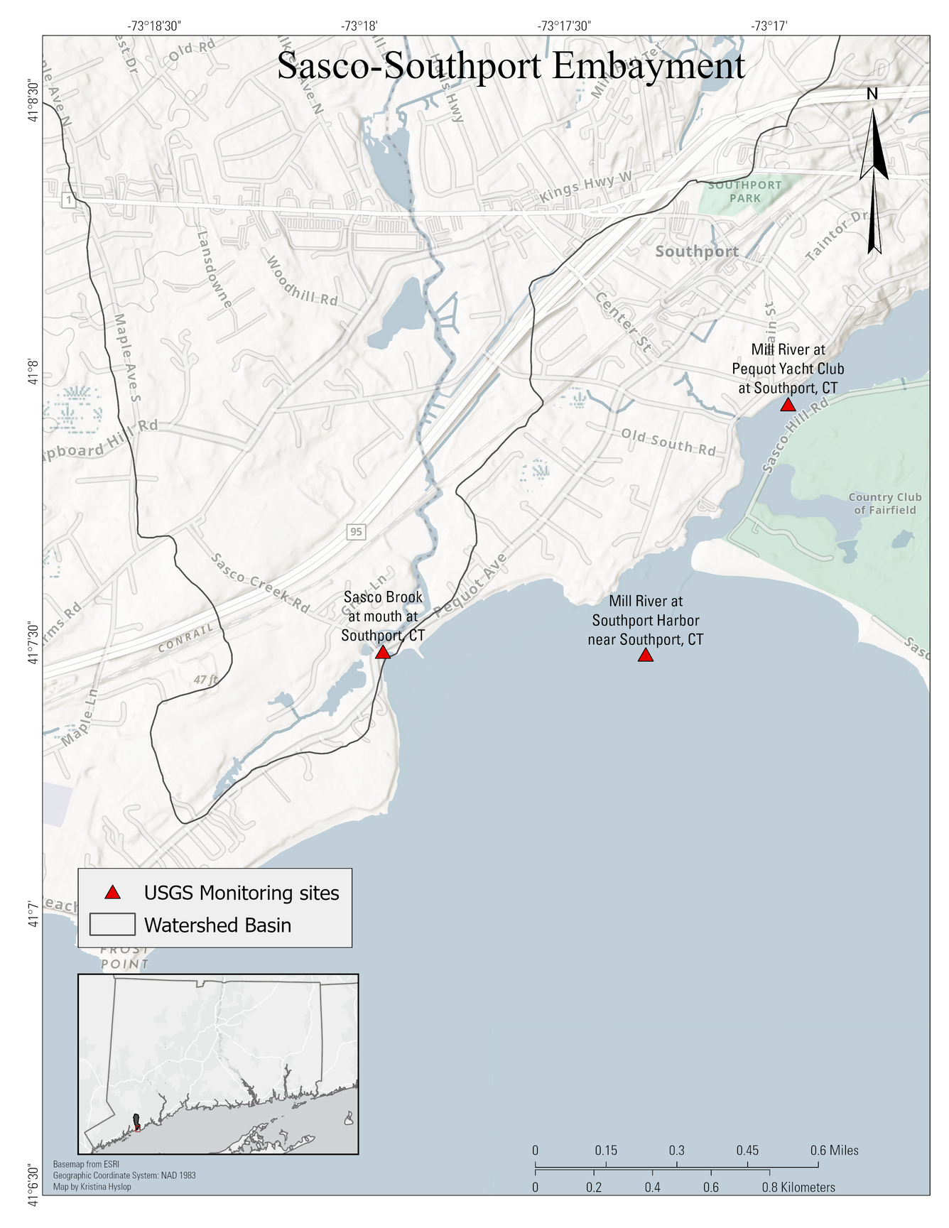 Map of Sasco-Southport Harbor in Connecticut at Long island Sound with monitoring sites.