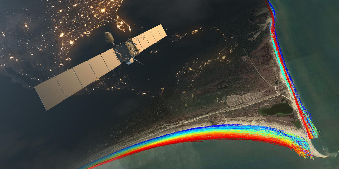 Illustration showing a satellite and satellite-derived shoreline change data
