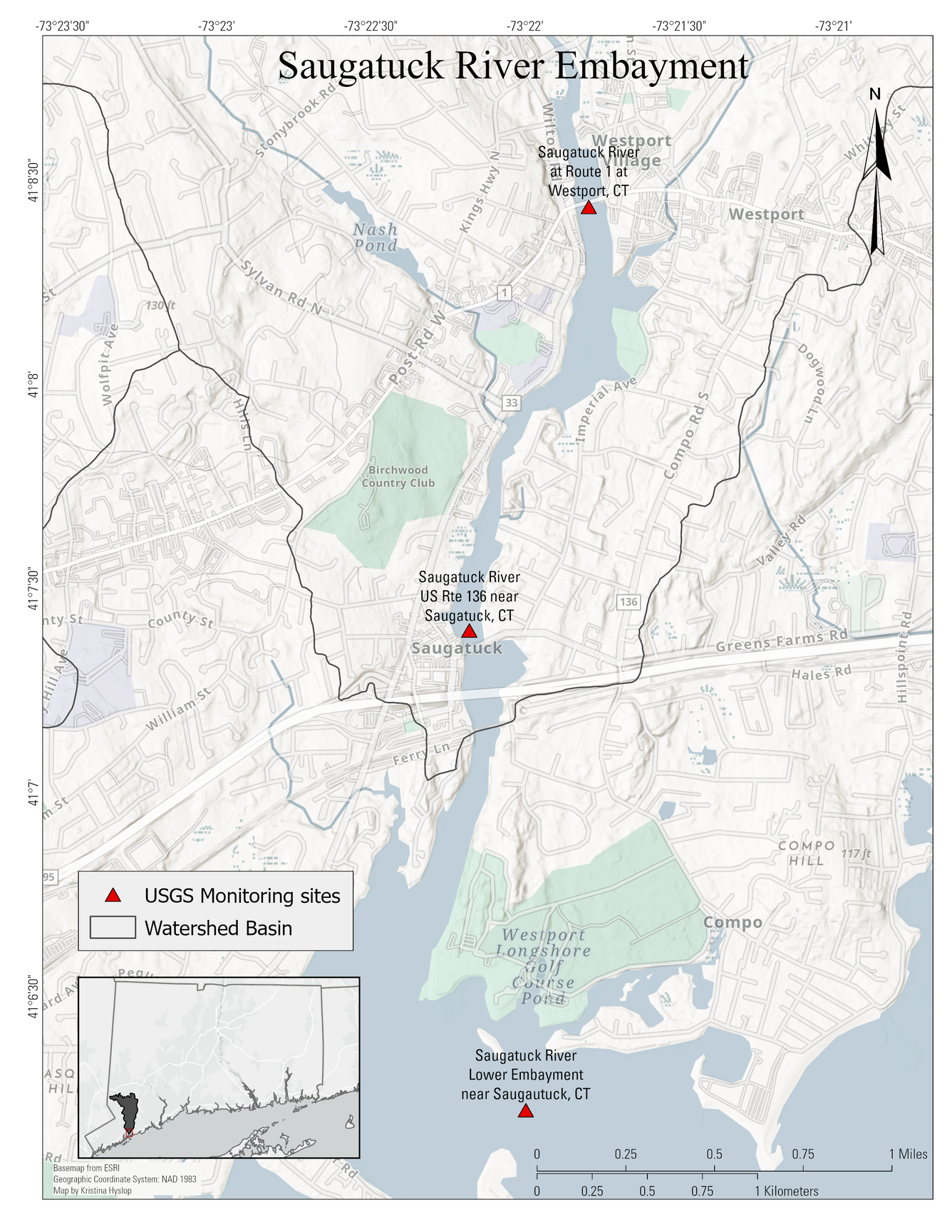 Map of locations of Saugatuck River embayment monitoring sites in Connecticut. 