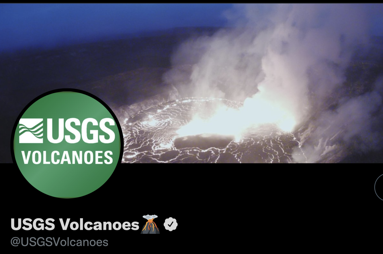 Logo statying USGS Volcanoes and photograph of a lava erupting in a volcanic crater