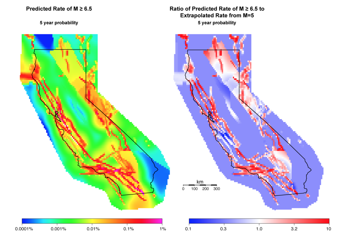 two side-by-side maps of California with different color schemes